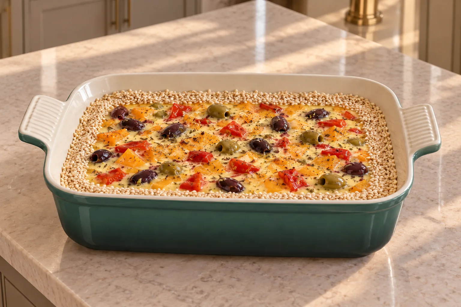 Unbaked squash olive and red pepper quiche with a double sesame border in an Artichaut dish