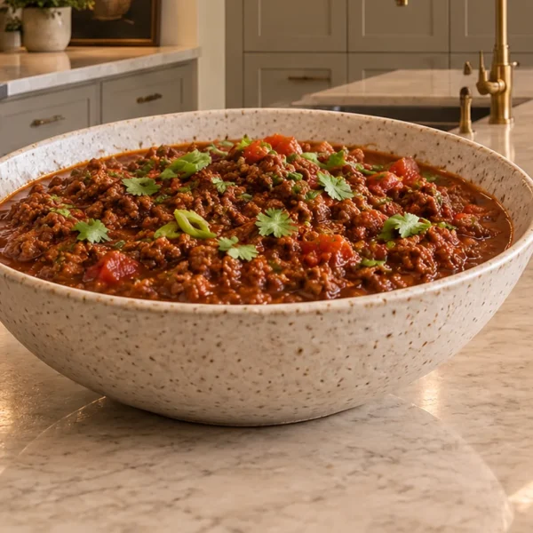 Thick bean-free Mexican beef chili for Full GAPS with fresh tomatoes, green onion tops, and cilantro