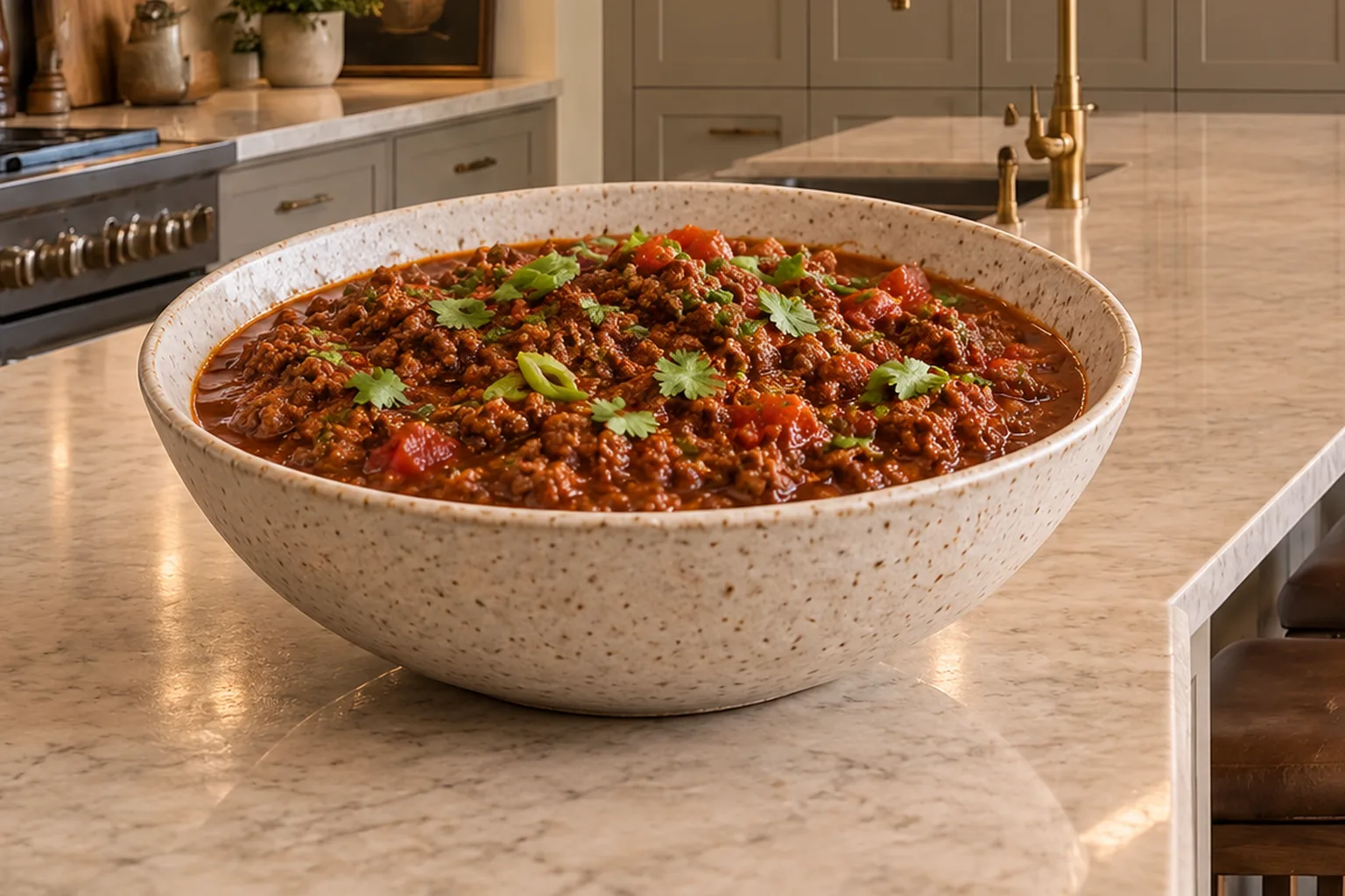 Thick bean-free Mexican beef chili for Full GAPS with fresh tomatoes, green onion tops, and cilantro