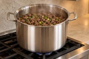 Ground beef browned with green onion tops until no pink remains for Full GAPS Mexican chili