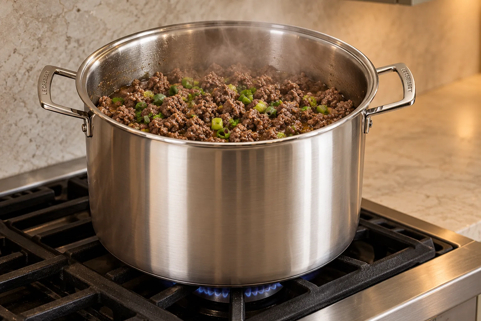 Ground beef browned with green onion tops until no pink remains for Full GAPS Mexican chili