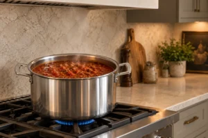 Bean-free Full GAPS beef chili at a slow simmer after adding zucchini-ginger bisque