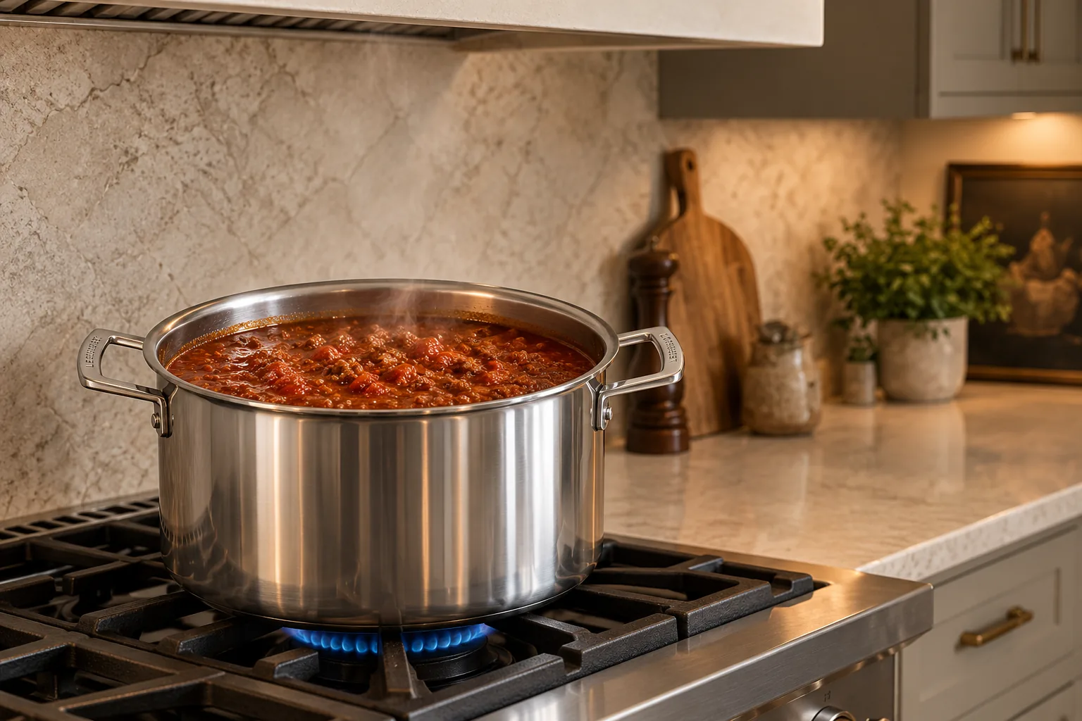 Bean-free Full GAPS beef chili at a slow simmer after adding zucchini-ginger bisque
