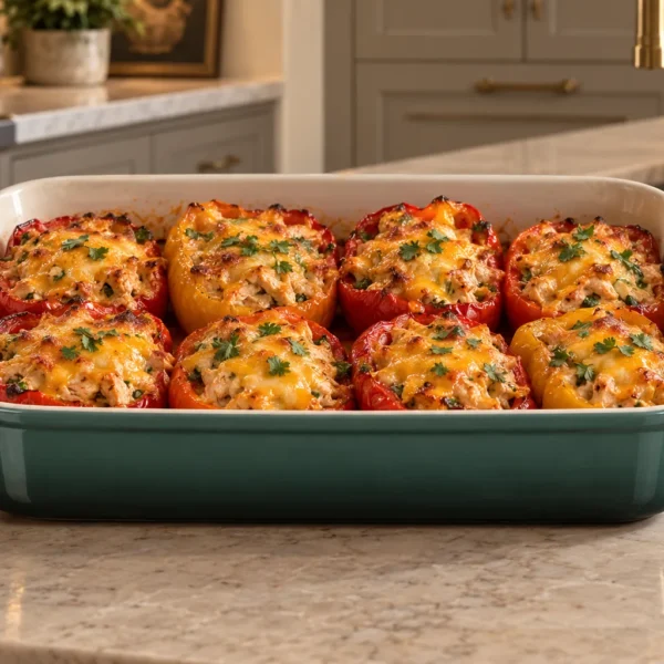 Eight Mexican chicken salad stuffed pepper halves with melted cheddar for Full GAPS
