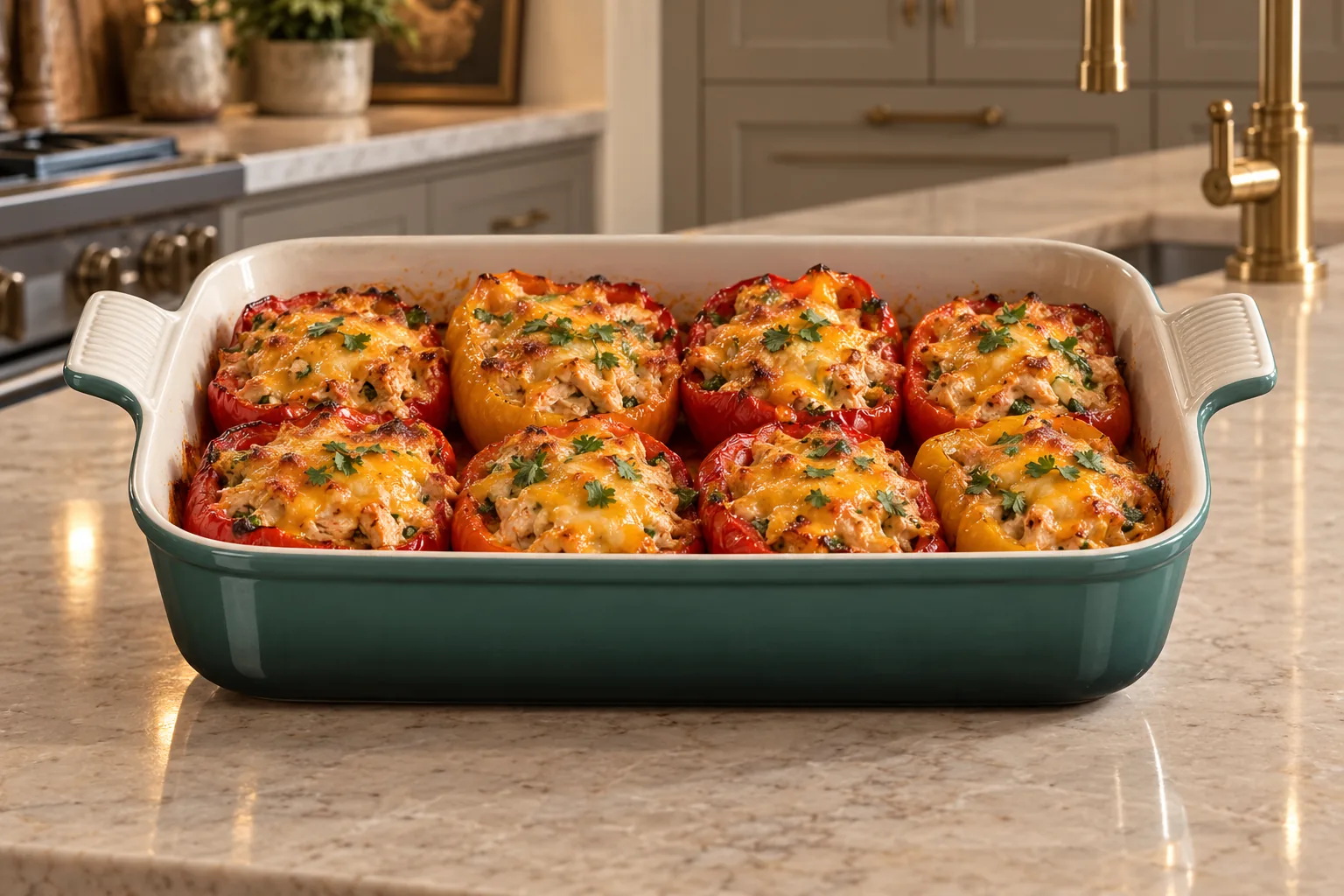 Eight Mexican chicken salad stuffed pepper halves with melted cheddar for Full GAPS