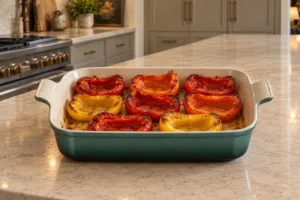 Eight empty bell pepper halves softened and lightly browned after the first roast