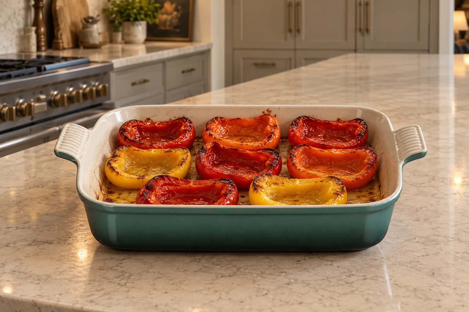 Eight empty bell pepper halves softened and lightly browned after the first roast