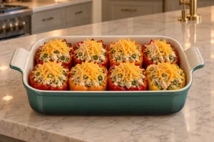 Eight roasted peppers filled with chicken salad and topped with unmelted cheddar before baking