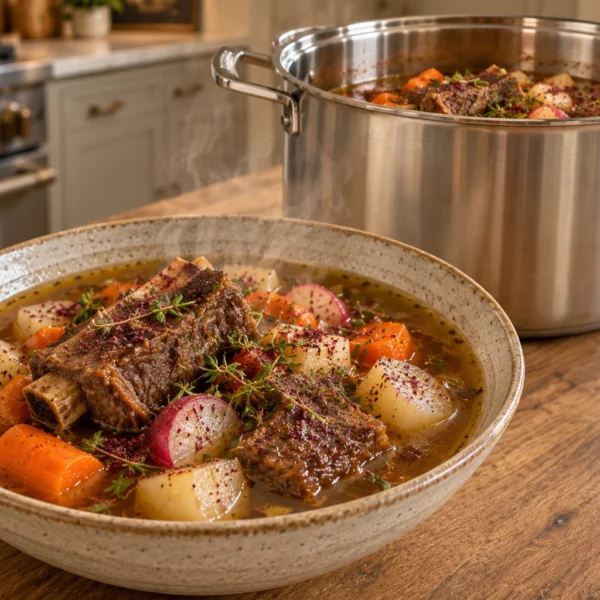 Full GAPS Middle Eastern beef stew with za'atar, short ribs, turnips, radishes, and carrots