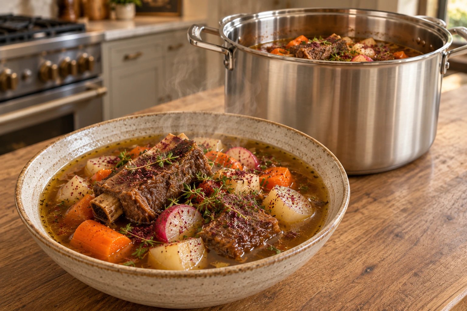 Full GAPS Middle Eastern beef stew with za'atar, short ribs, turnips, radishes, and carrots
