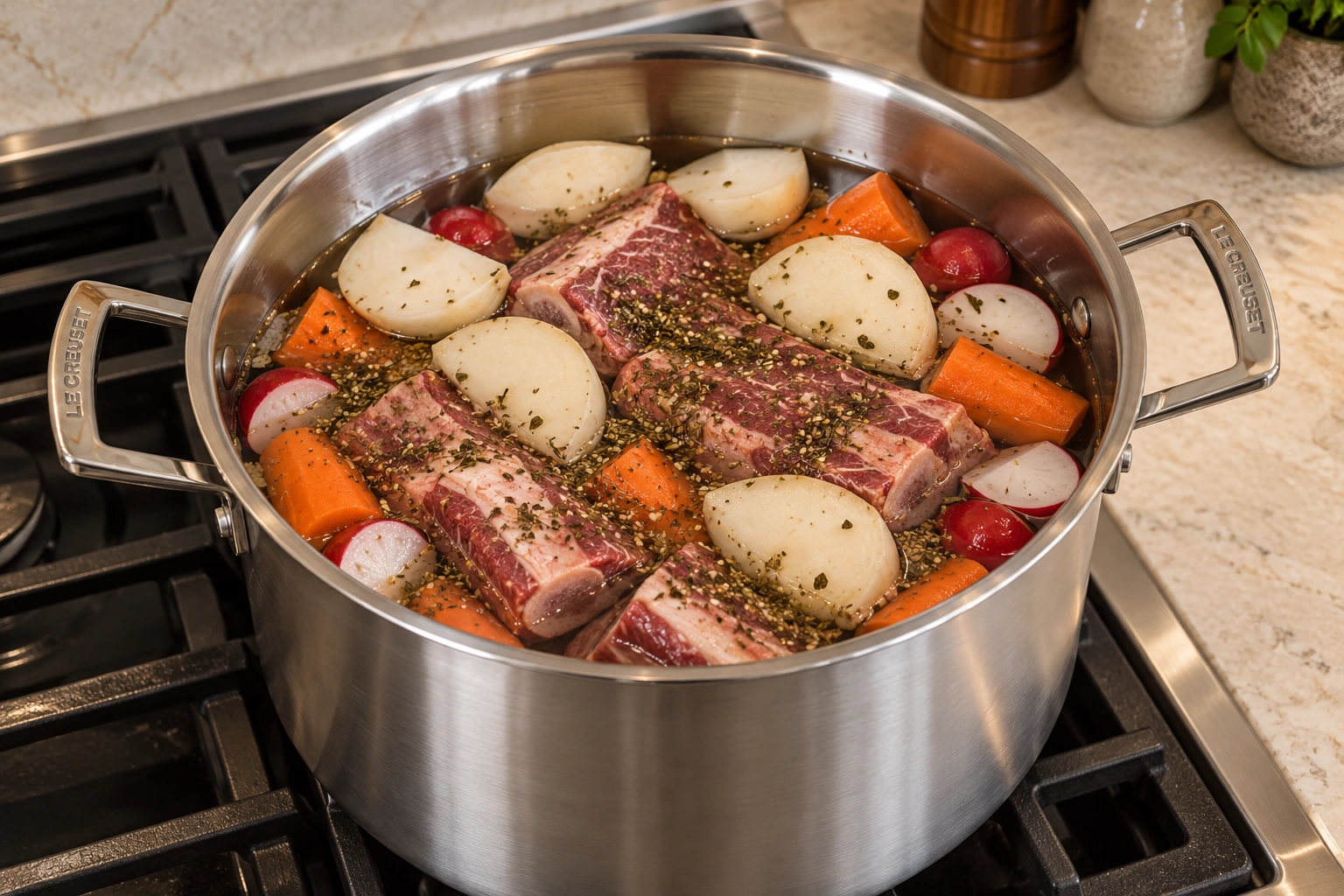 Raw short ribs, turnips, radishes, carrots, water, and za'atar assembled before simmering