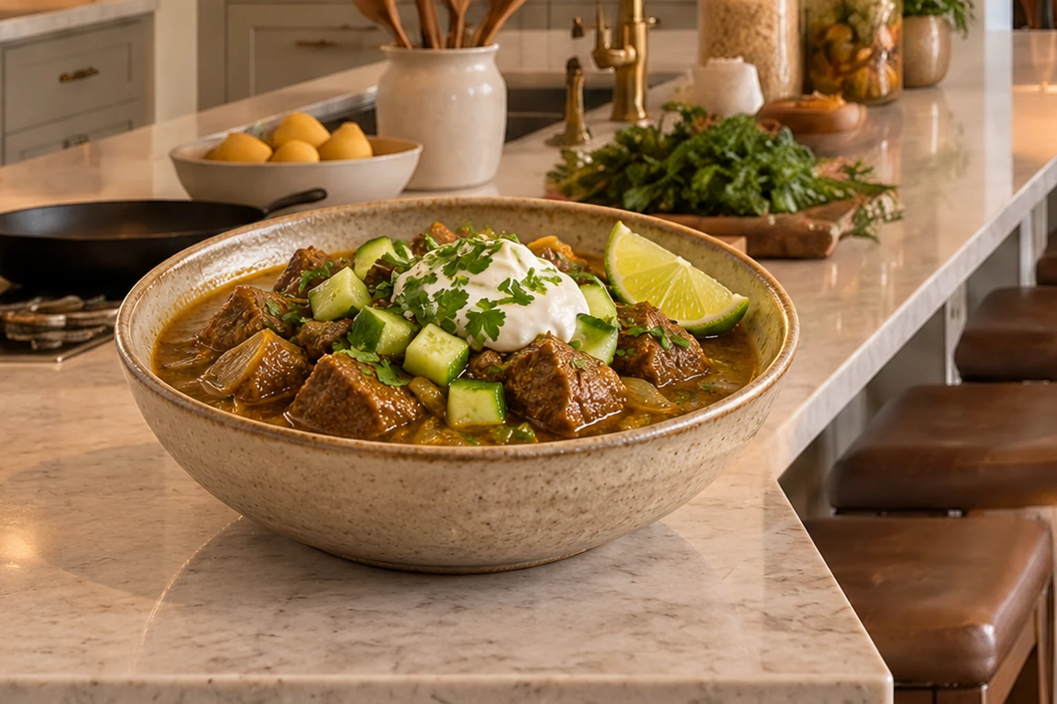 Middle Eastern lamb stew with cucumber, cilantro, lime and cultured sour cream for Full GAPS
