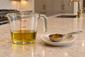 One-third cup raw olive oil and one tablespoon apple cider vinegar measured for mild Full GAPS avocado mayo