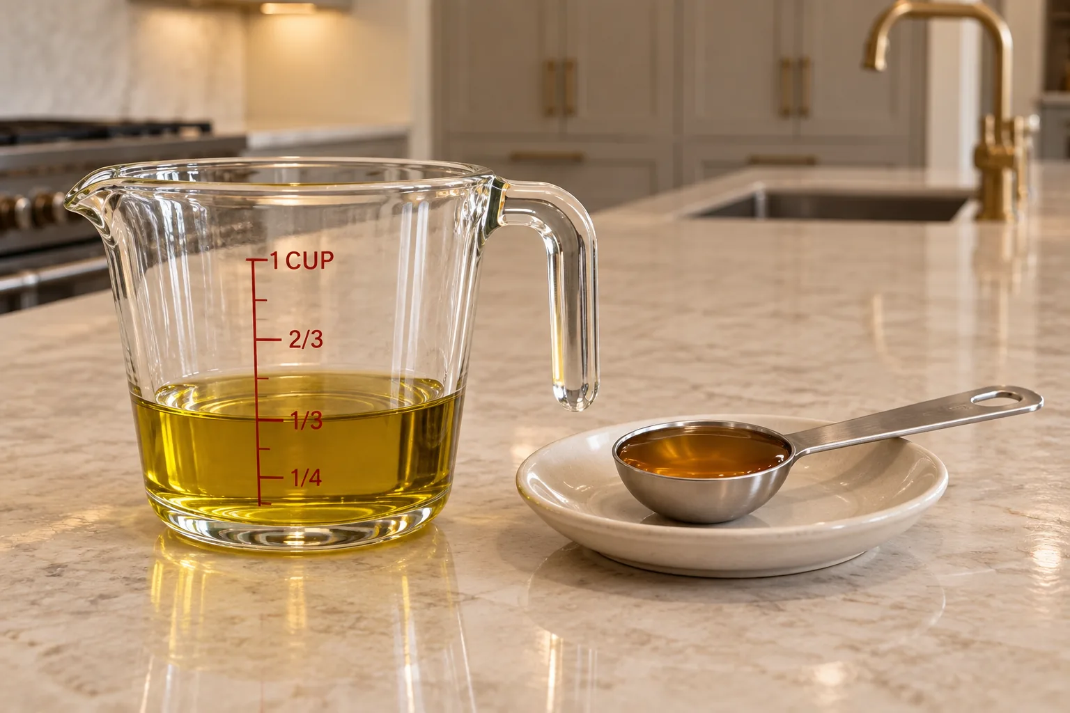 One-third cup raw olive oil and one tablespoon apple cider vinegar measured for mild Full GAPS avocado mayo