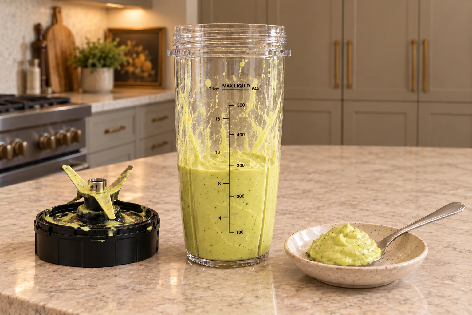 Thick avocado mayo in the Ninja BN801 blender cup beside its mayo-coated blade assembly on the WFLI kitchen island