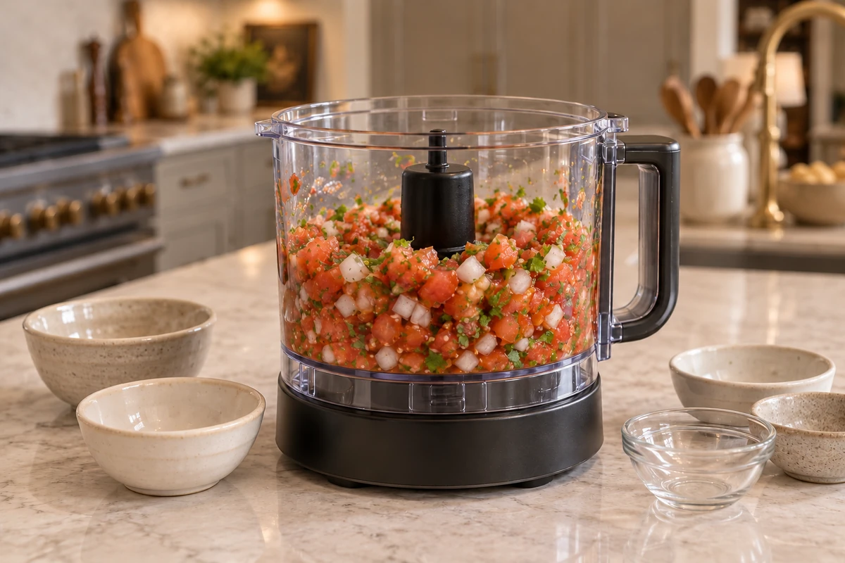 Mild fresh tomato salsa after a couple pulses in the mini food processor