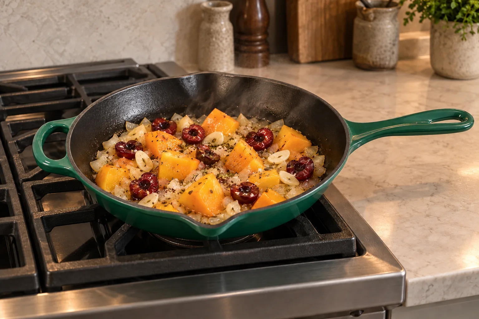 Peeled ripe orange fruit, eight cherry halves, onion, garlic, and oregano softened in the exact Artichaut skillet