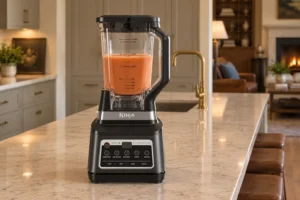 Smooth nightshade-free nomato soup at the stopped Ninja BN801 blender endpoint