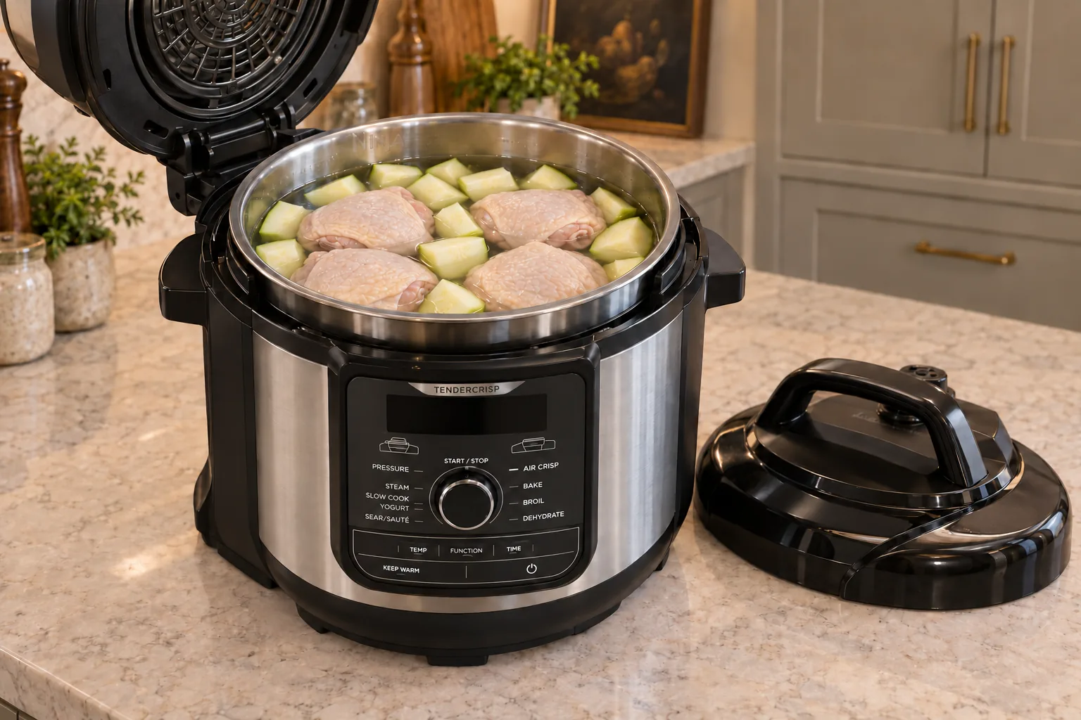 Bone-in chicken thighs and peeled zucchini loaded into Ebonie's Ninja Foodi FD401