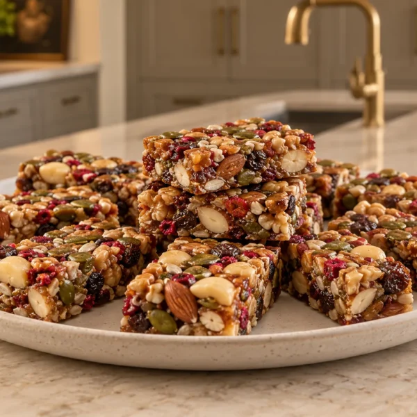 No-bake GAPS nut and seed bars with prepared nuts, pumpkin seeds, sunflower seeds, raisins, and dried berries