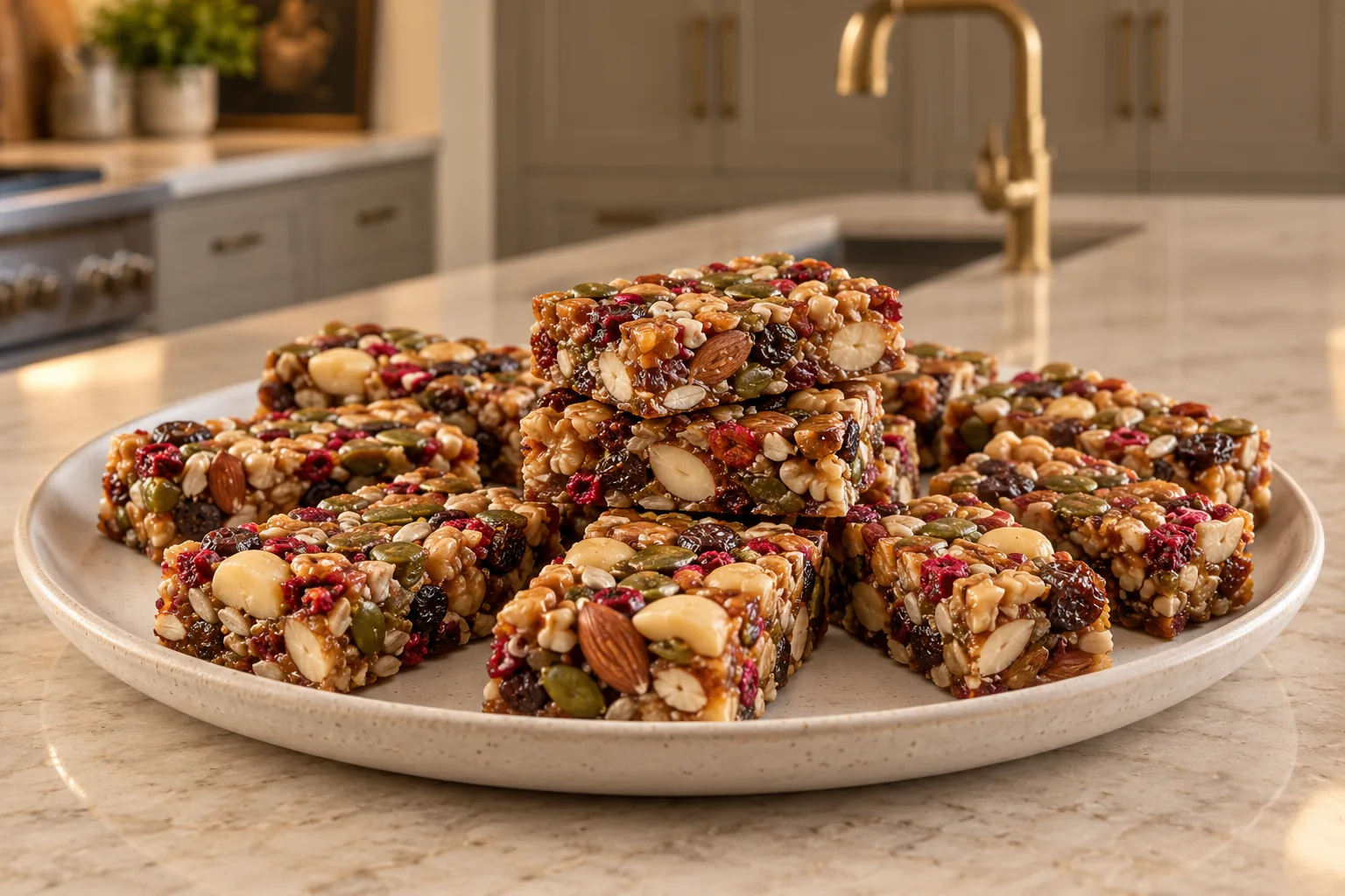 No-bake GAPS nut and seed bars with prepared nuts, pumpkin seeds, sunflower seeds, raisins, and dried berries