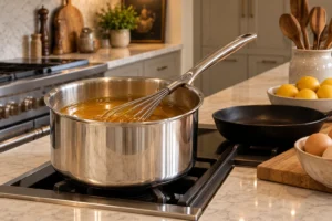 Amber honey, cocoa butter, and gelatin binder in a Le Creuset stainless saucepan