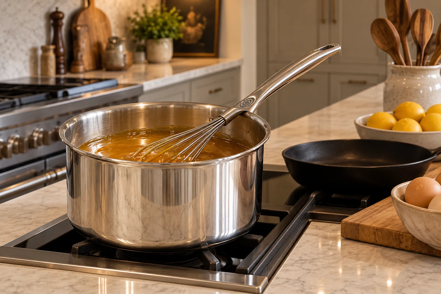 Amber honey, cocoa butter, and gelatin binder in a Le Creuset stainless saucepan