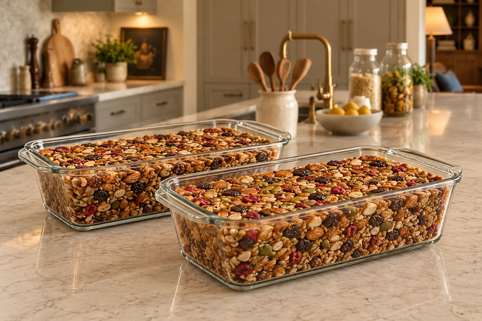 Sticky nut, seed, raisin, and dried-berry mixture pressed firmly into two glass loaf pans