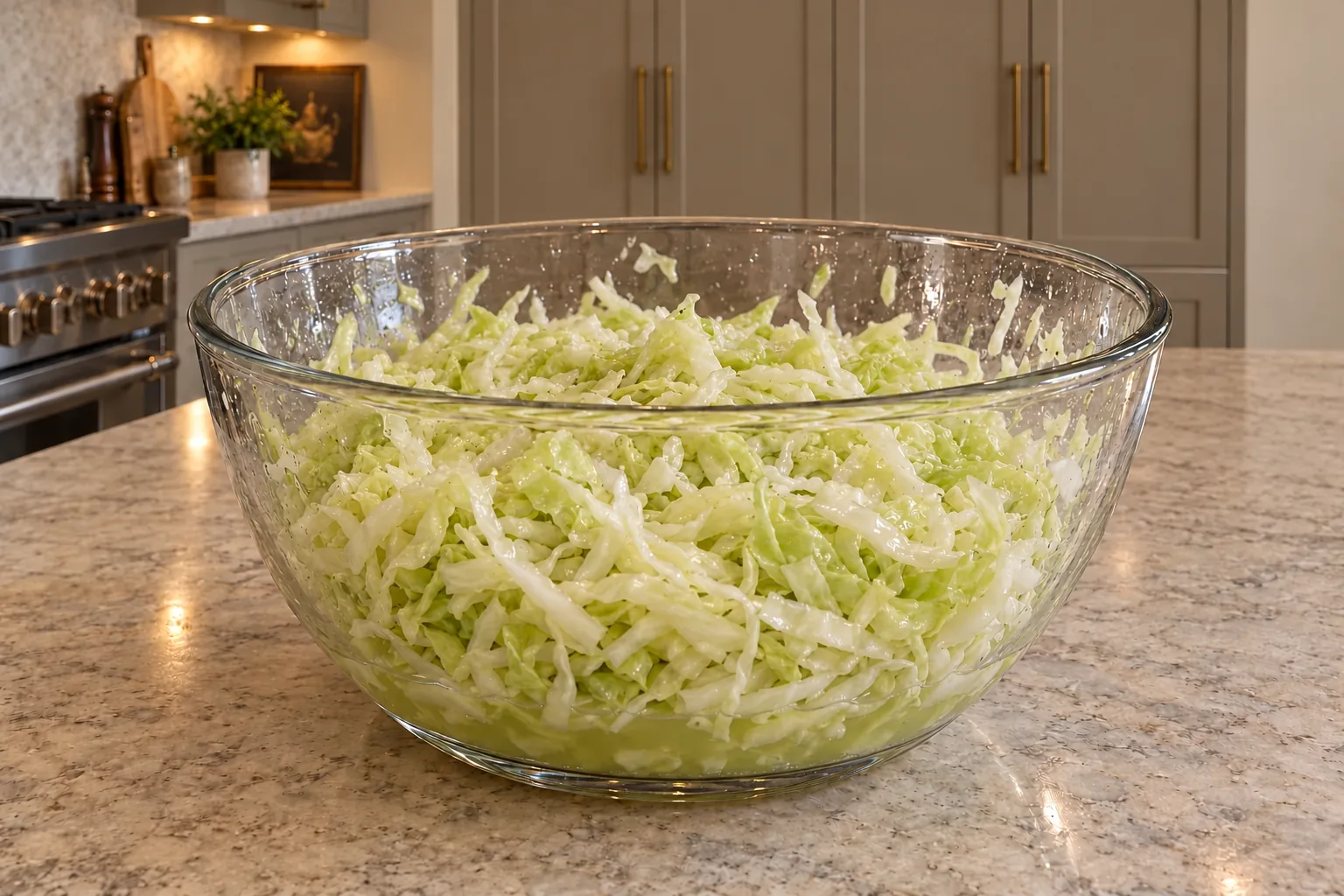 Plain cabbage after its first thirty-minute salted bowl rest for GAPS, with lightly wet shreds and released juice in a glass bowl