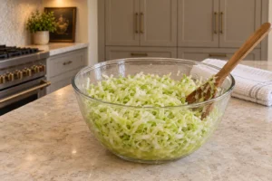 Plain cabbage after its second 30-minute bowl rest with a wet used wooden spoon and released juice