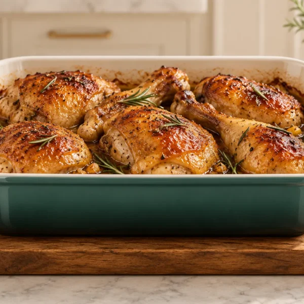Golden rosemary honey chicken in an Artichaut baking dish