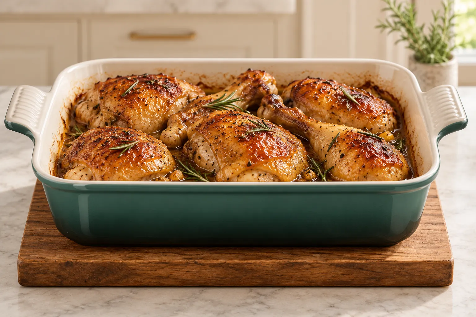 Golden rosemary honey chicken in an Artichaut baking dish