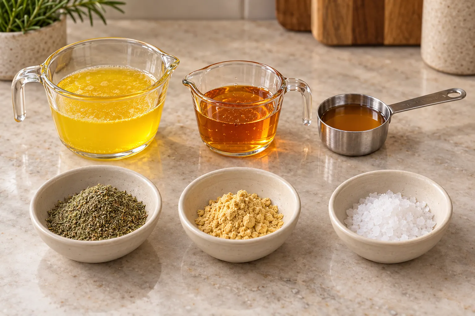 Ghee honey cider vinegar powdered rosemary dry mustard and salt measured for the chicken sauce