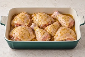 Raw bone-in chicken coated in rosemary honey sauce in an Artichaut dish