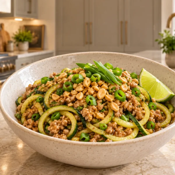 GAPS Pad Thai with zucchini noodles, pork, properly prepared peanuts, scallions, and lime