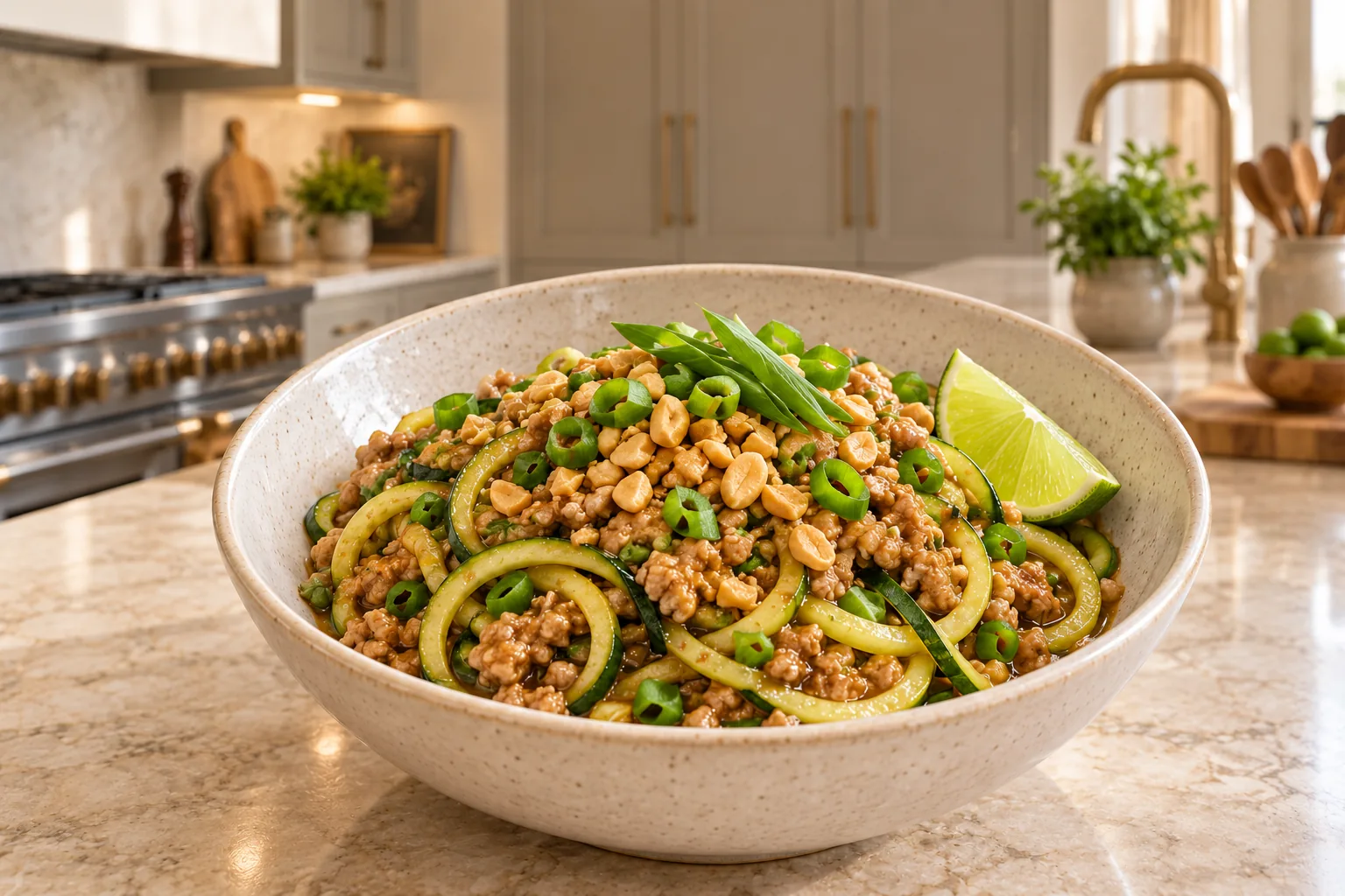 GAPS Pad Thai with zucchini noodles, pork, properly prepared peanuts, scallions, and lime