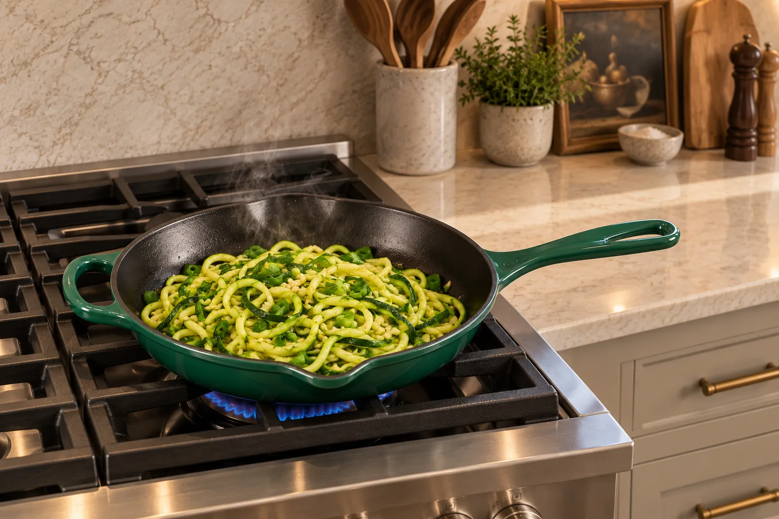 Zucchini noodles with garlic and green onions just slightly wilted for later Full GAPS Pad Thai