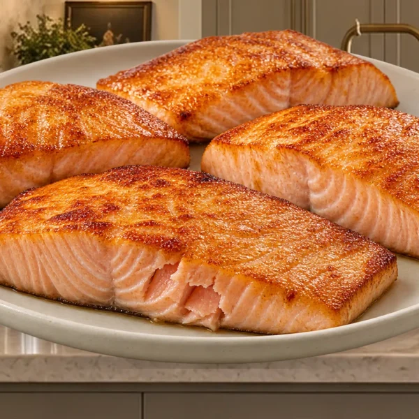 Pan-seared salmon for Full GAPS with four golden portions on a cream plate in the WFLI kitchen
