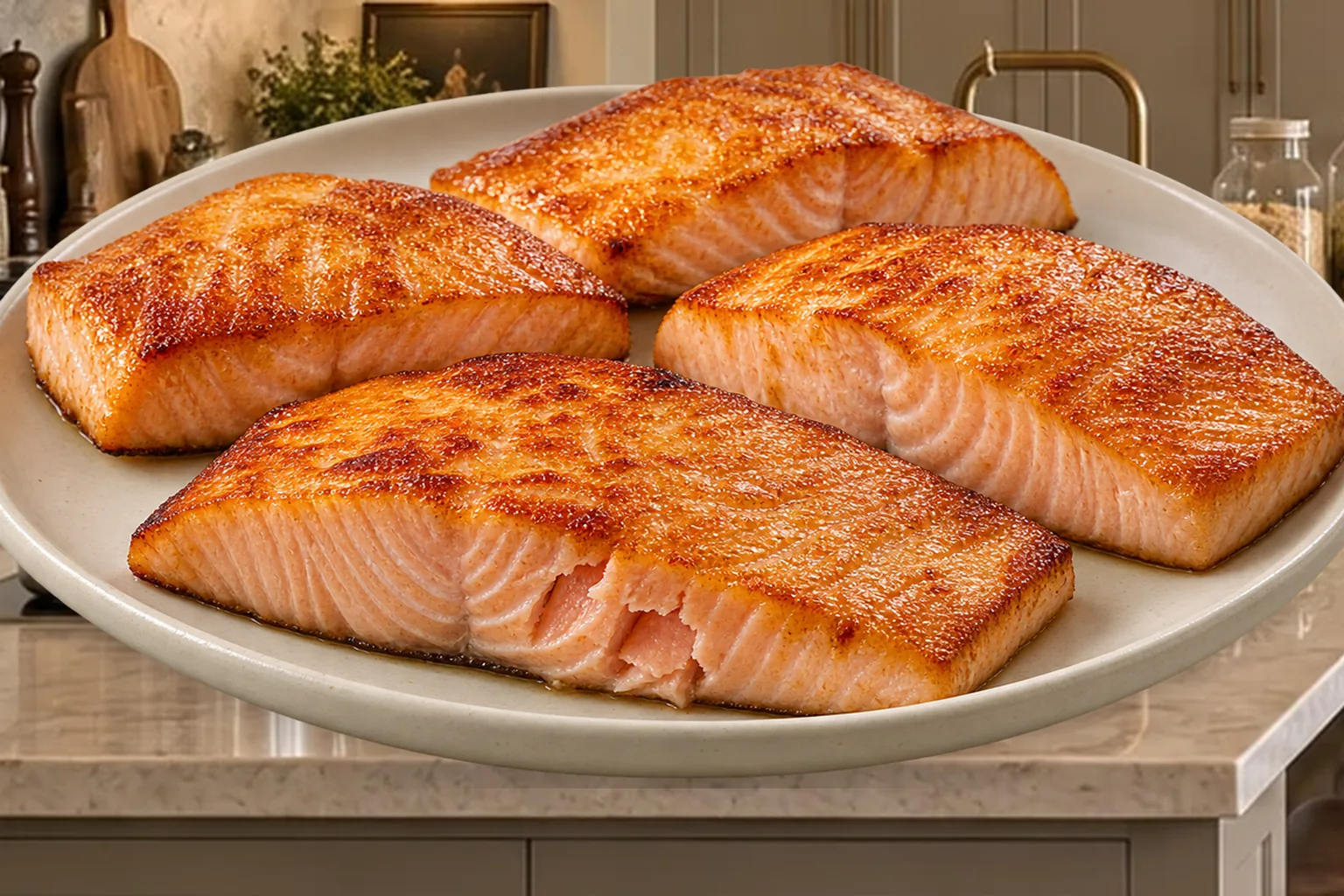 Pan-seared salmon for Full GAPS with four golden portions on a cream plate in the WFLI Photo House kitchen