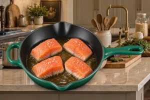 Fresh salmon portions beginning to sear in ghee in a Le Creuset Artichaut skillet for Full GAPS