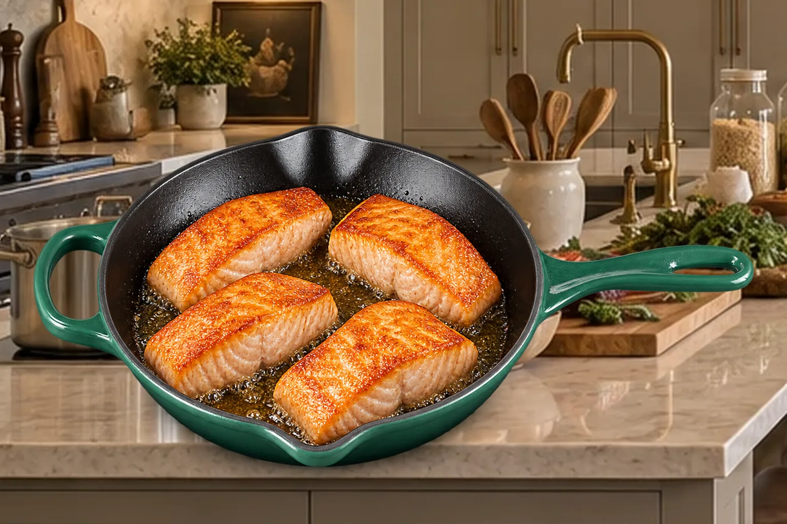 Golden pan-seared salmon portions after flipping in a Le Creuset Artichaut skillet for Full GAPS