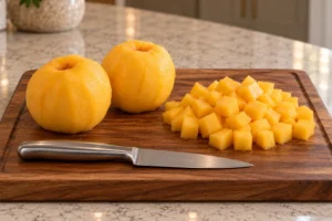 Three peeled yellow peaches with one diced into small pico-size cubes
