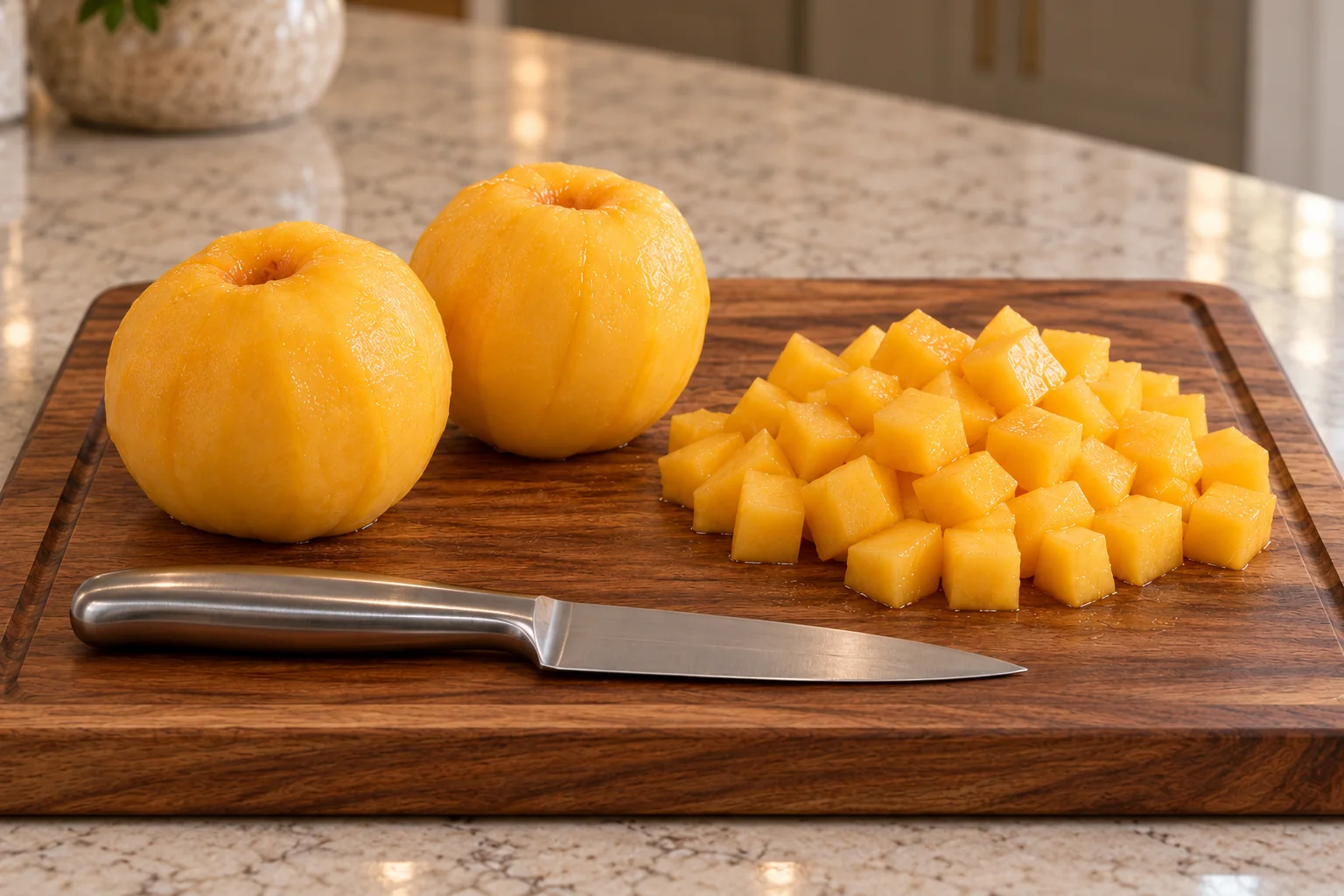 Three peeled yellow peaches with one diced into small pico-size cubes