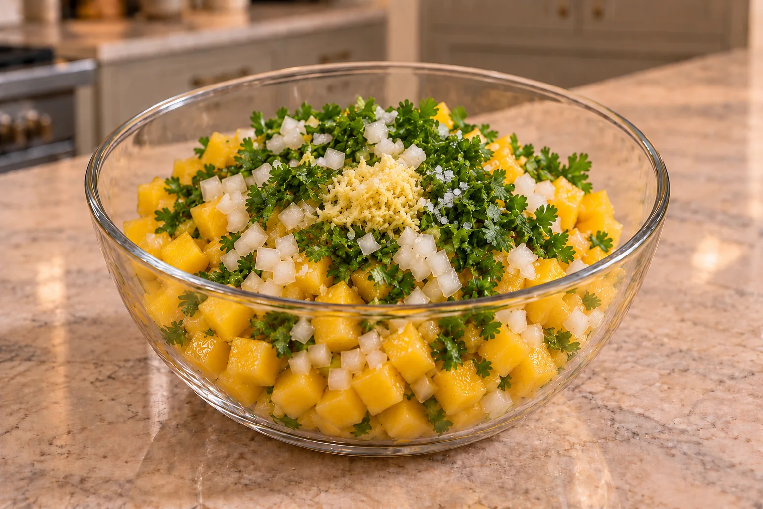 Diced peaches onion cilantro ginger lime and salt layered before mixing