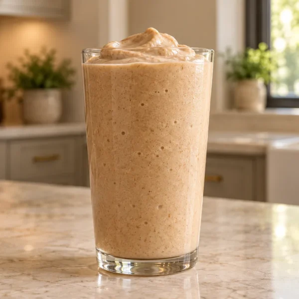 Thick peanut butter milkshake for Full GAPS in one tall clear glass