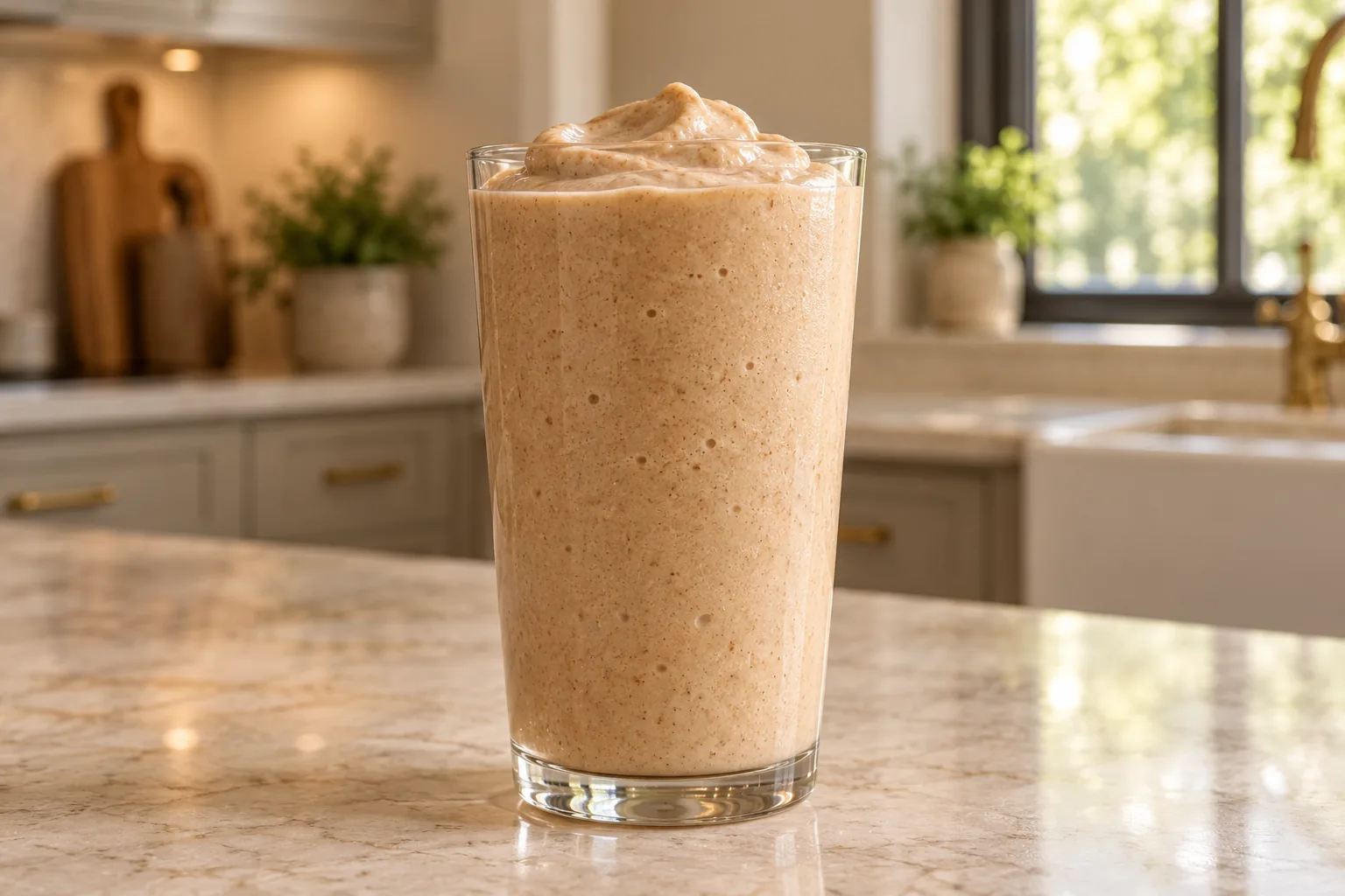 Thick peanut butter milkshake for Full GAPS in one tall clear glass