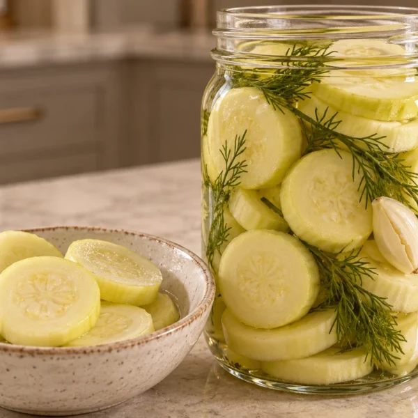 Jar and bowl of no-sugar refrigerator pickled zucchini