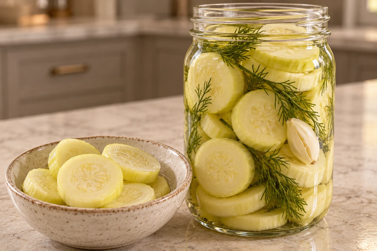 Jar and bowl of no-sugar refrigerator pickled zucchini