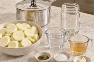 Peeled zucchini rounds, dill, garlic, water, vinegar, salt, jar, and Le Creuset saucepan