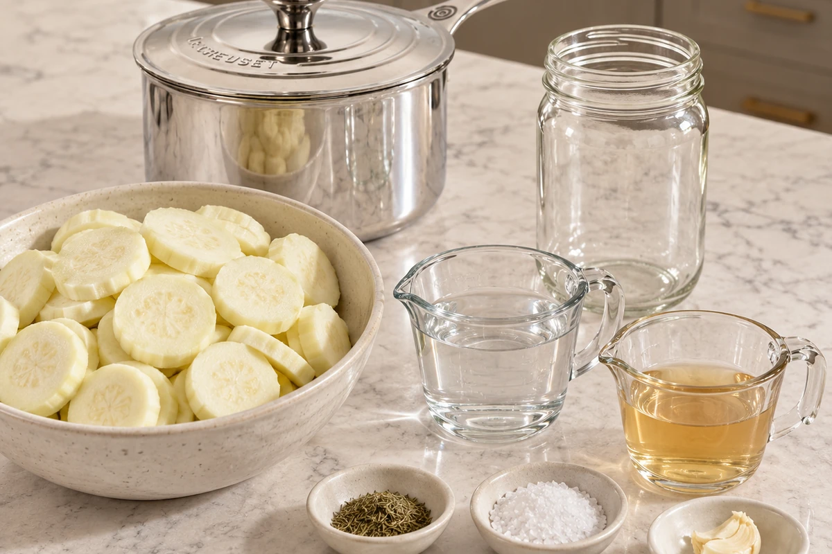 Peeled zucchini rounds, dill, garlic, water, vinegar, salt, jar, and Le Creuset saucepan